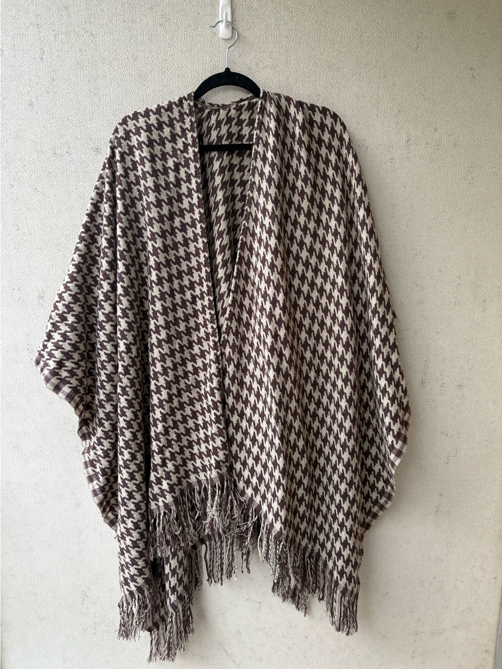 Brown Houndstooth Fringe Poncho Cape Western Boho One Size